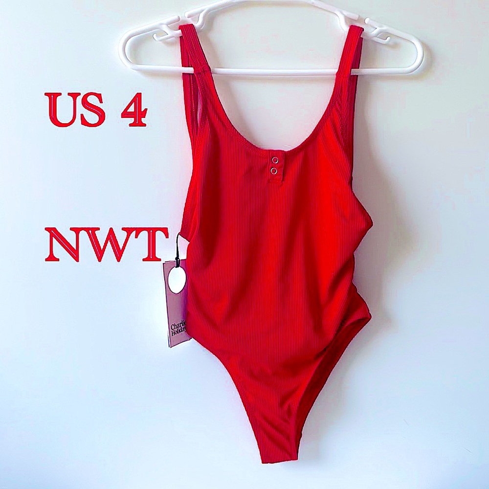 NWT (4) Charlie Holiday Australian swimsuit ribbed bright red brand new low back